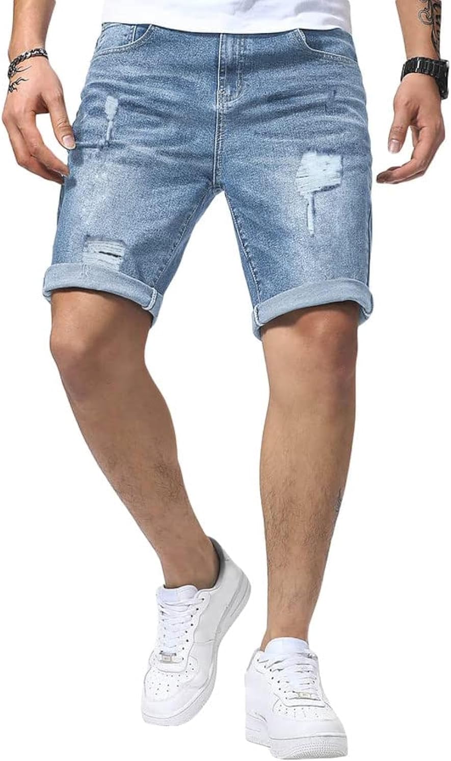 61dJ4C8u2L._AC_SL1500_.jpg Men's Casual Slim-Fit Stretch Denim Shorts with Distressed Details - Image 1
